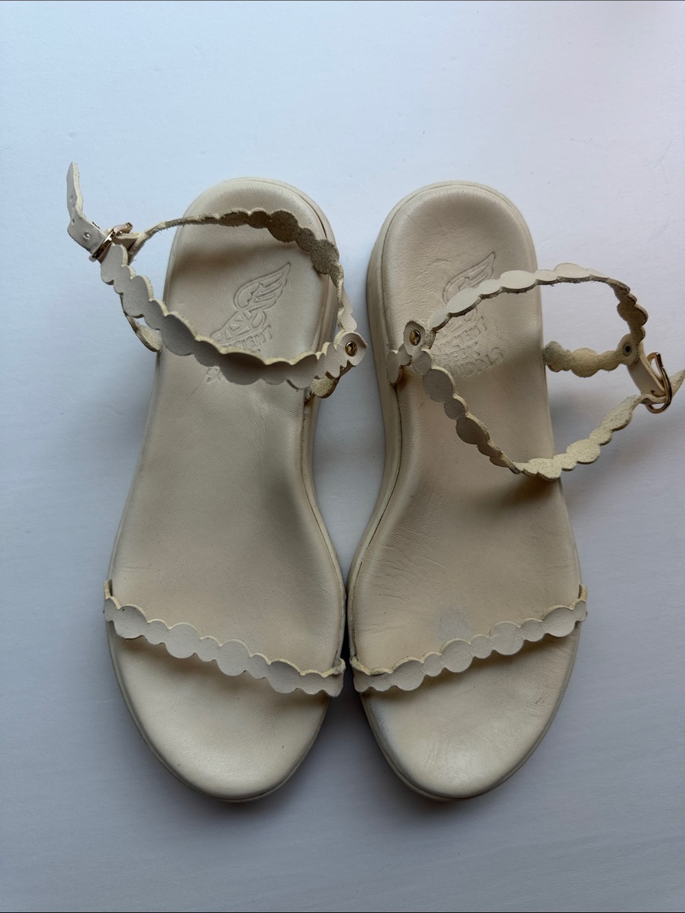 Ancient Greek Sandals Off White Scalloped Leather Ankle-Strap Sandals